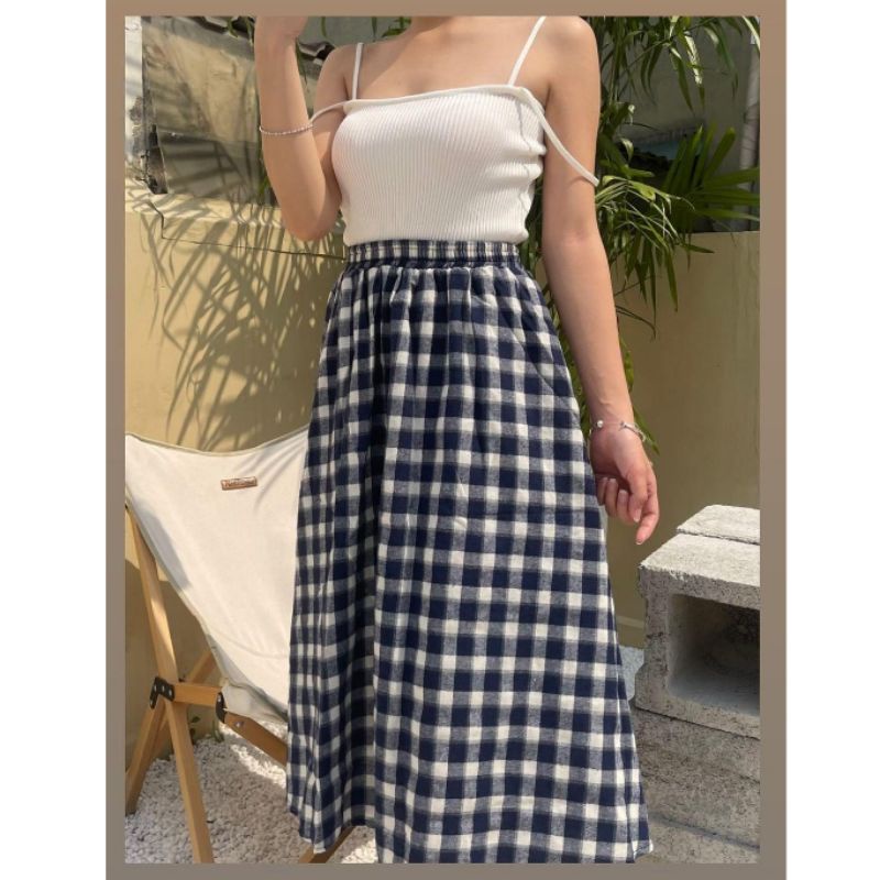 Chân váy caro xanh đậm vintage DV040