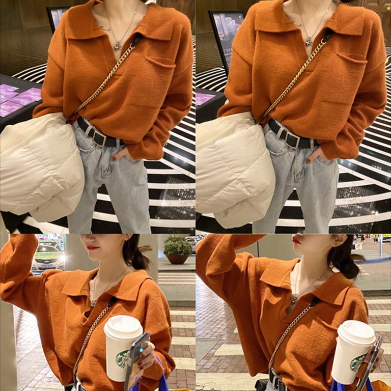 Áo sweater SUXI cổ polo dáng rộng phong cách vintage Hàn Quốc cho nữ