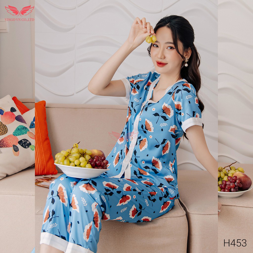 Đồ Bộ Ngủ Nữ Pijama Mặc Nhà VINGO Lụa Pháp Cao Cấp Tay Cộc Quần Dài Cổ Cách Điệu Họa Tiết Hoa Nền Xanh H453 VNGO