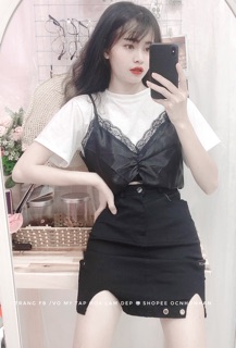 Set áo croptop phối chân váy khoen
