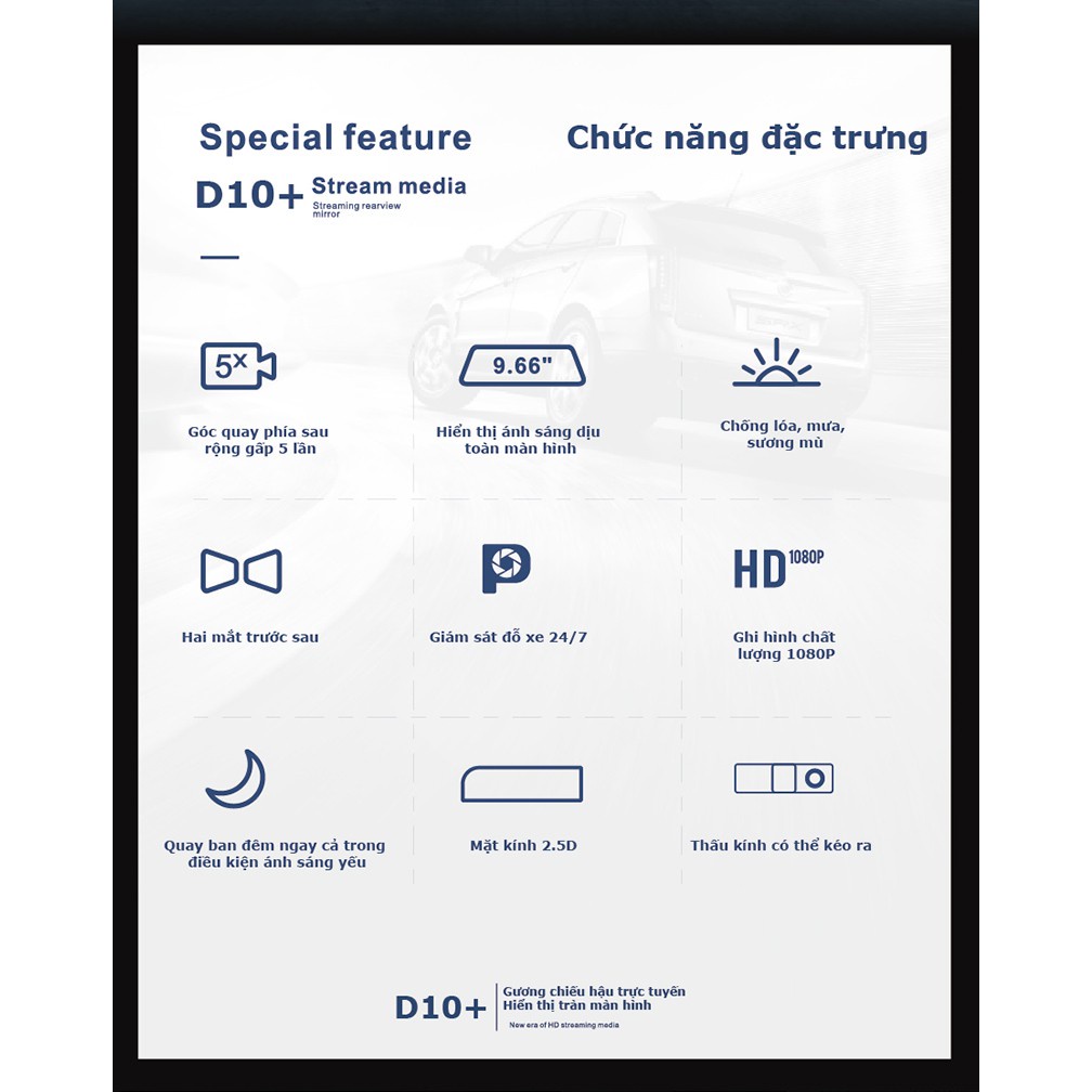 Camera Hành Trình ô tô  Acumen D10+, camera hành trình gương, màn hình cảm ứng 9.66 Inch,1080P FHD Cho Xe Hơi, Siêu nét