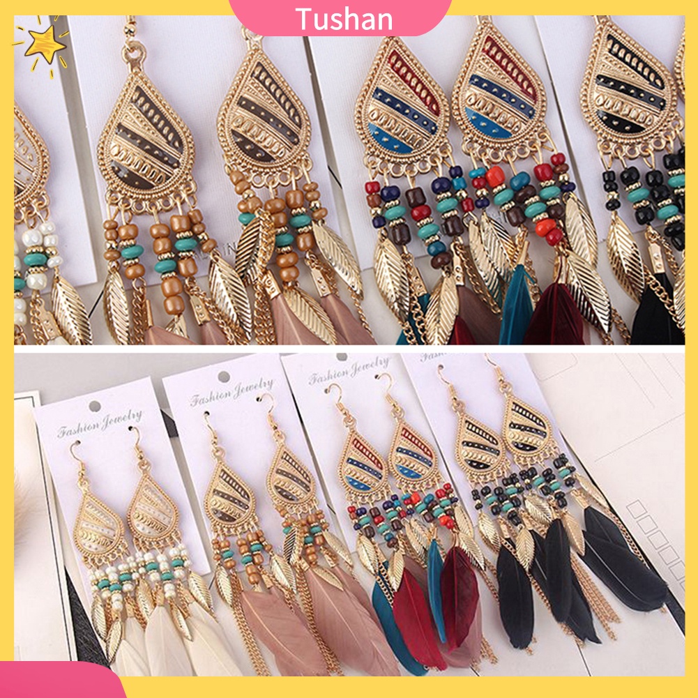 Khuyên tai dáng dài đính lông vũ phong cách thanh lịch dành cho nữ