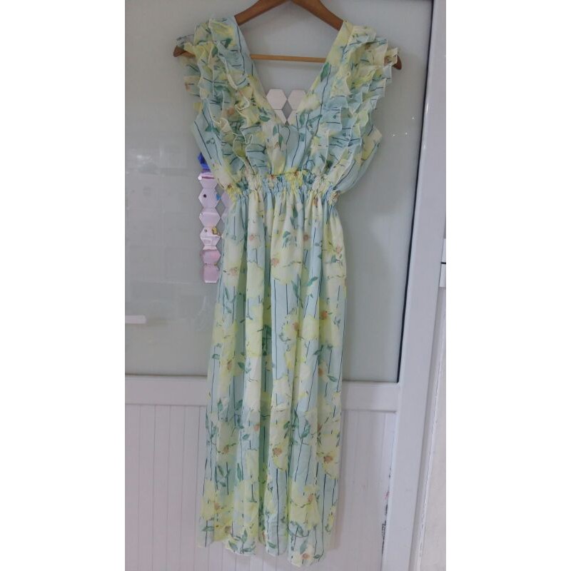 Đầm Maxi cổ v bèo họa tiết
