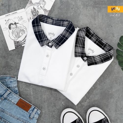 Áo thun POLO nữ YODY phông tay ngắn, cổ bẻ kẻ sọc, vải cotton, xuất xịn, form trẻ trung thanh lịch APN4386