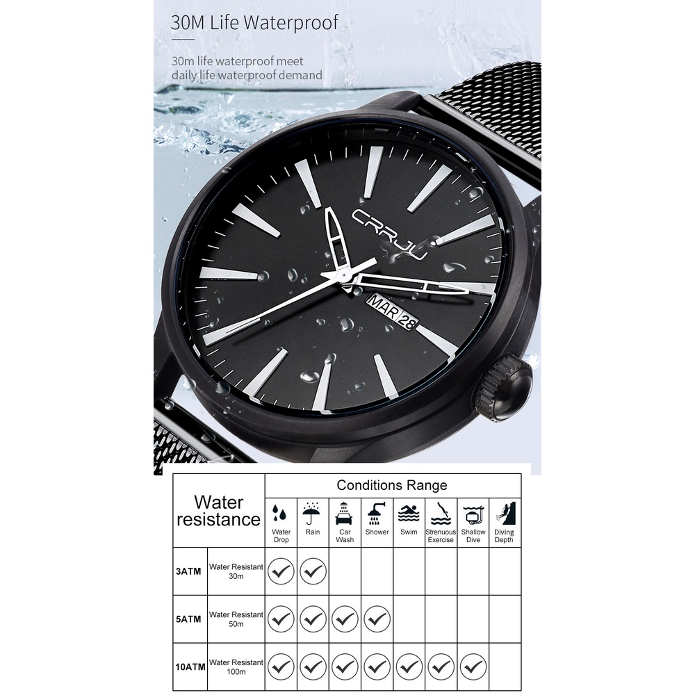 Đồng hồ thạch anh CRRJU 2108 M mỏng bằng thép không gỉ chống nước cho nam