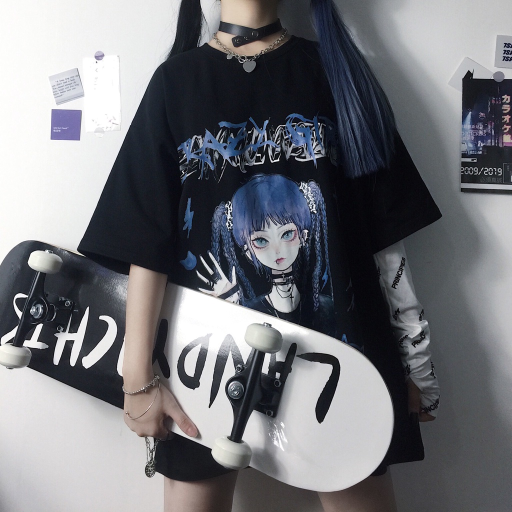 2022 New Hip-hop Short-sleeved Female Gothic Summer Harajuku Style JK Loose Dark Black Anime Large Size Top Ins Shirt