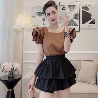 Áo thô lụa cổ vuông bèo vai siêu xinh