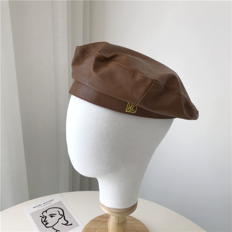 Mũ Beret Da pu Màu Trơn In Chữ Phong Cách Hàn Quốc Thời Trang Thu Đông Cho Nữ