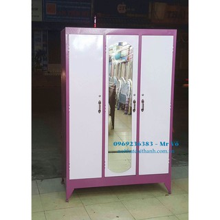 Tủ quần áo sắt 3 cửa ngang 1m2 cao 1m8 màu hồng - T17
