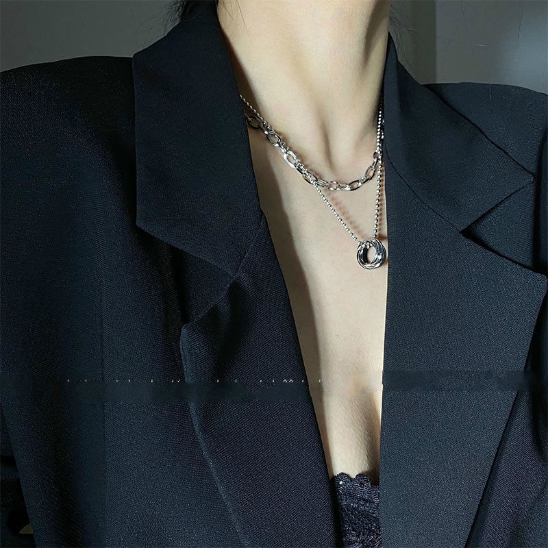 Dây chuyền hai lớp phối mặt dạng nhẫn phong cách thời trang đơn giản