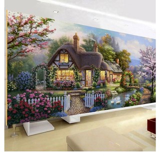 Tranh thêu chữ thập ngôi nhà mầu tím 149x74cm