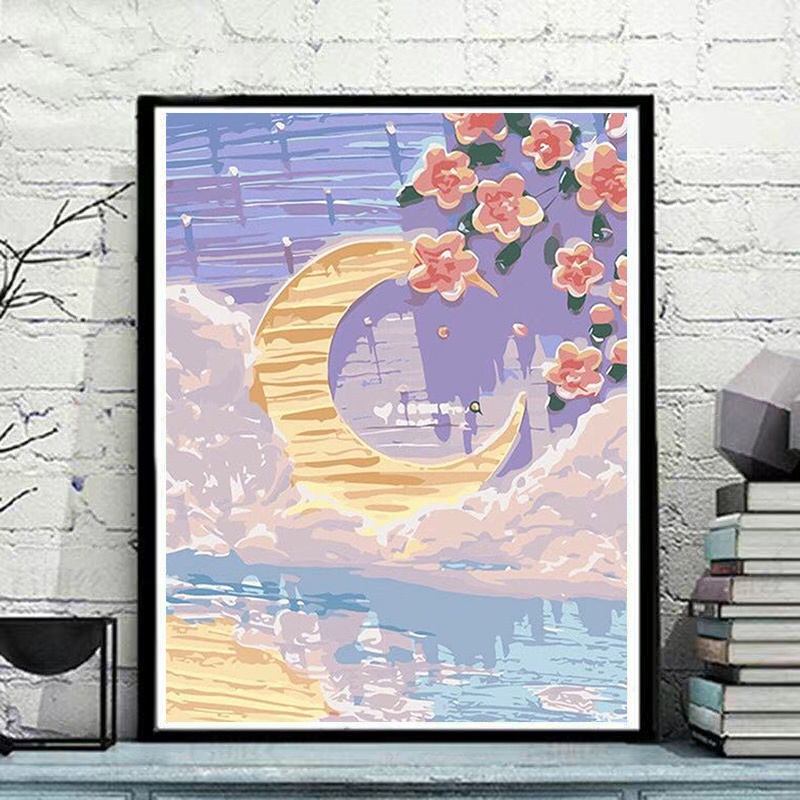 Bộ tranh sơn dầu Hamlet tô màu theo số hình hoa và mặt trăng trang trí phòng khách phòng ngủ cỡ 30*40/ 40*50cm