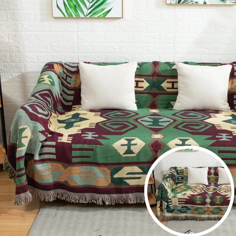 Thảm phủ sofa vintage bằng sợi bông thô màu xanh họa tiết
