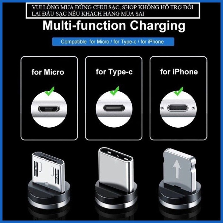Dây Sạc Nam Châm 3 Đầu type C - micro usb - ios hỗ trợ sạc nhanh
