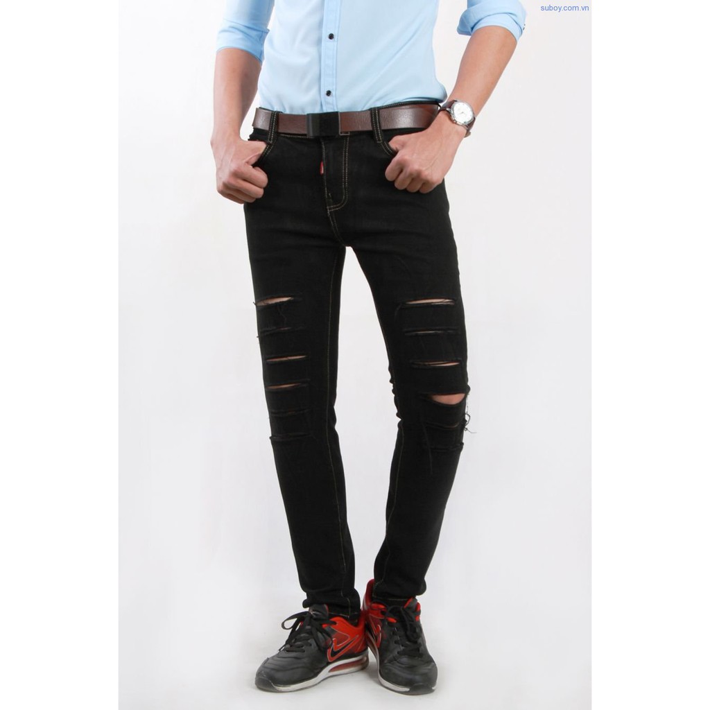 QUẦN JEANS NAM ỐNG CÔN SKINNY  RÁCH XƯỚC ĐEN STYLE KOREA