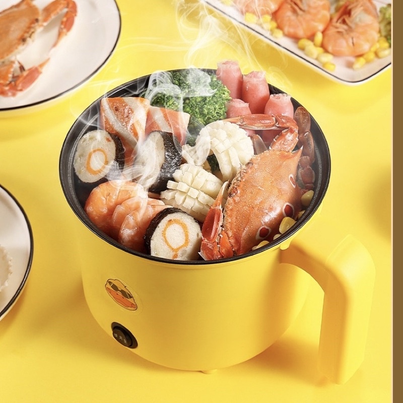 Nồi lẩu mini chống dính kèm khay hấp 18cm hình VỊT VÀNG cute - Nồi lẩu điện đa năng, ca nấu mì vịt vàng có tay cầm