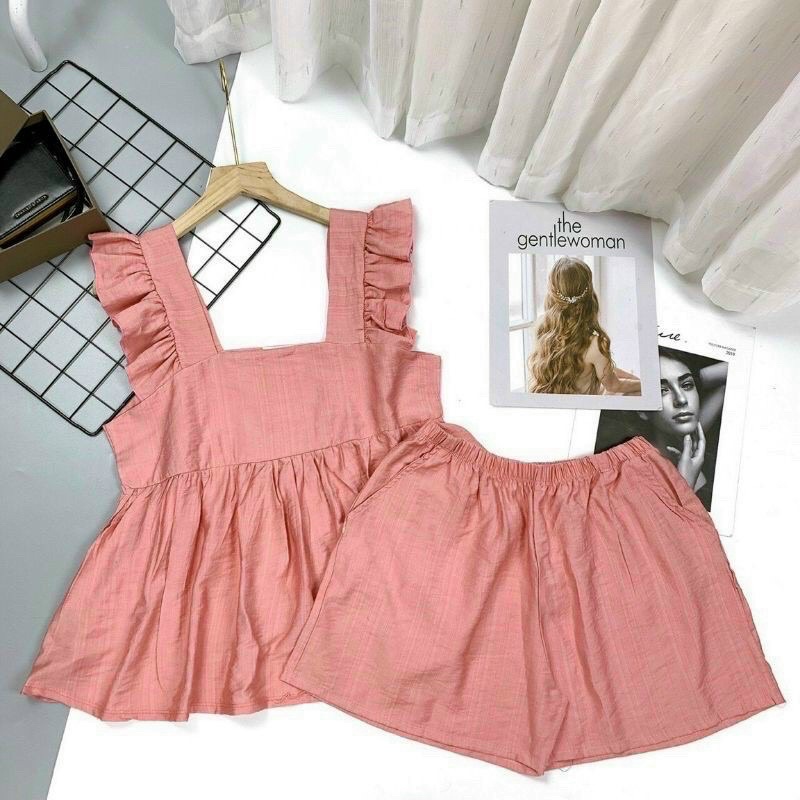 Bộ đũi-Sét đũi cánh tiên dáng xoè kèm quần đùi full 4màu dễ mặc chất đũi mát