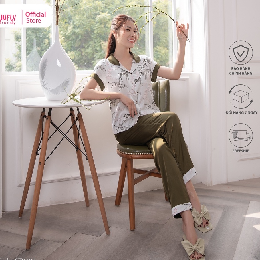 Bộ đồ mặc nhà nữ pijamas Lụa SUNFLY áo cộc, quần dài ST8787