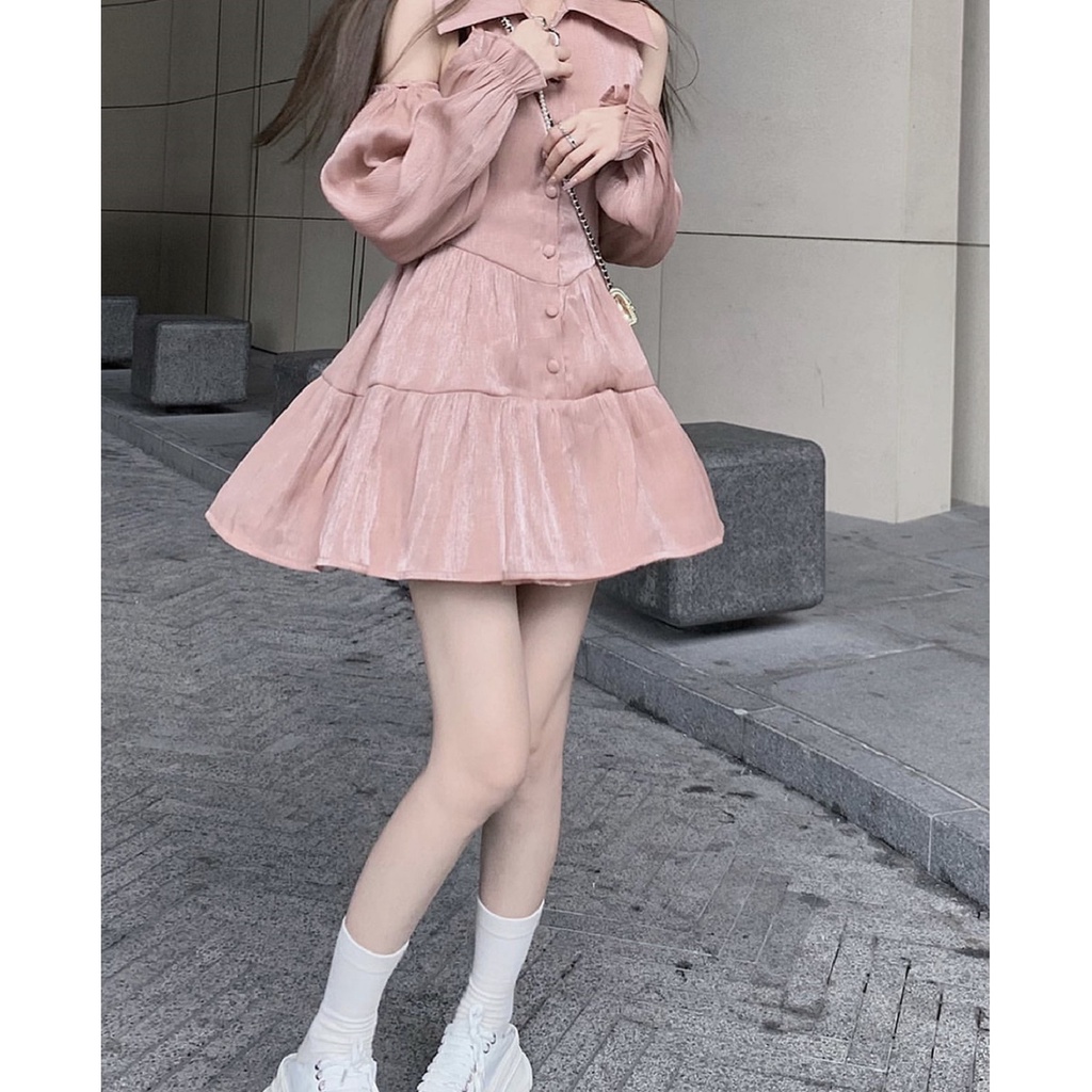 Váy lụa mềm hở vai cúc dọc V621 SUSTORE