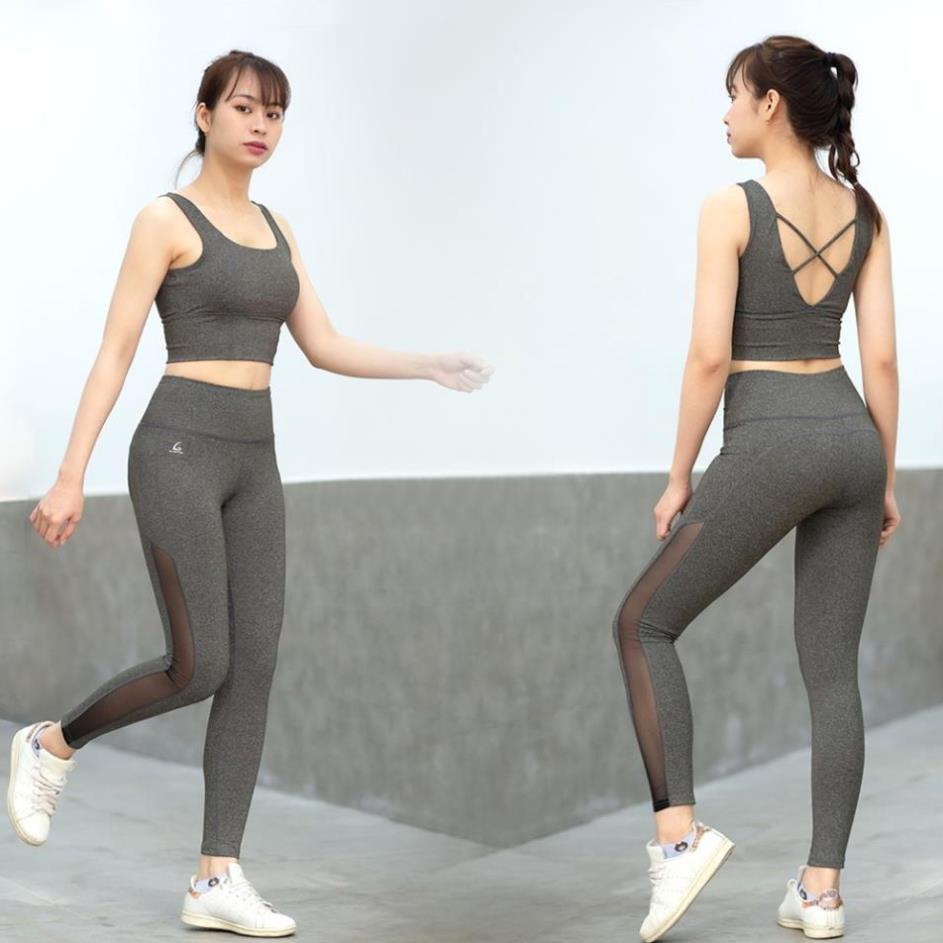Bộ đồ tập gym, yoga, chạy bộ nữ Quần genmax phối lưới và Bra dây lưng thể thao * _