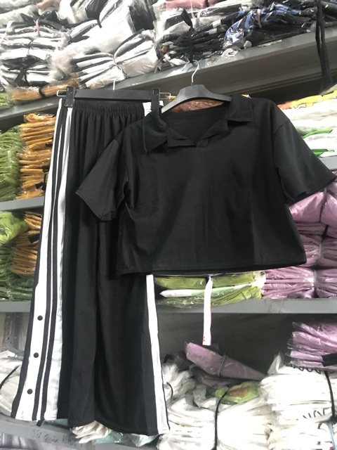 Sét áo polo Croptop + quần xẻ cúc bấm