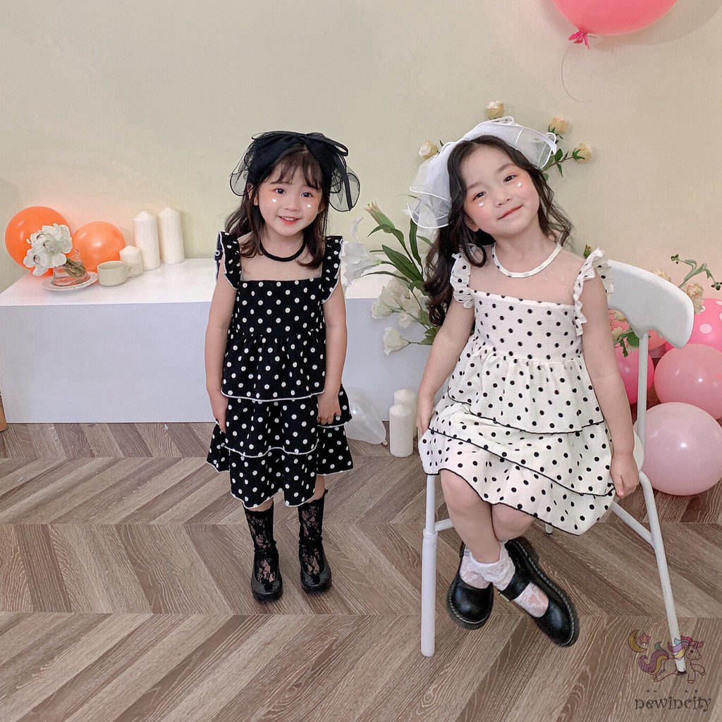 Đầm Công Chúa Không Tay Họa Tiết Chấm Bi Phối Bèo Phong Cách Hàn Quốc Cho Bé Gái