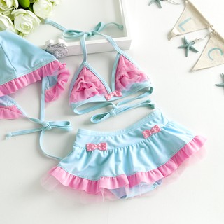Đồ bơi bikini cho bé nơ xanh hồng kèm mũ