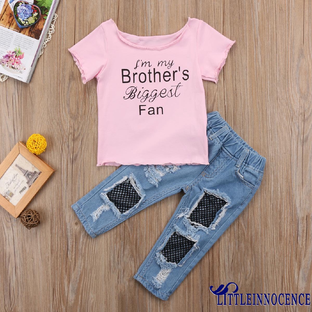 ❤XZQ-Kids Baby Girls T shirt Tops+Mesh Jeans Pants 2pcs Outfits Set Clothes