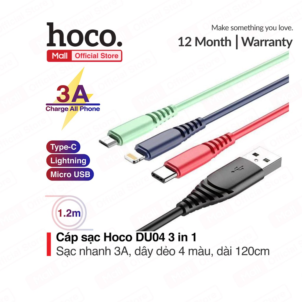 Cáp sạc Hoco DU04 3 in 1 ( Lightning+Micro+Type-C ) sạc nhanh 3.0A, dây dẻo màu sắc, đầu sạc chống gập dài 120cm