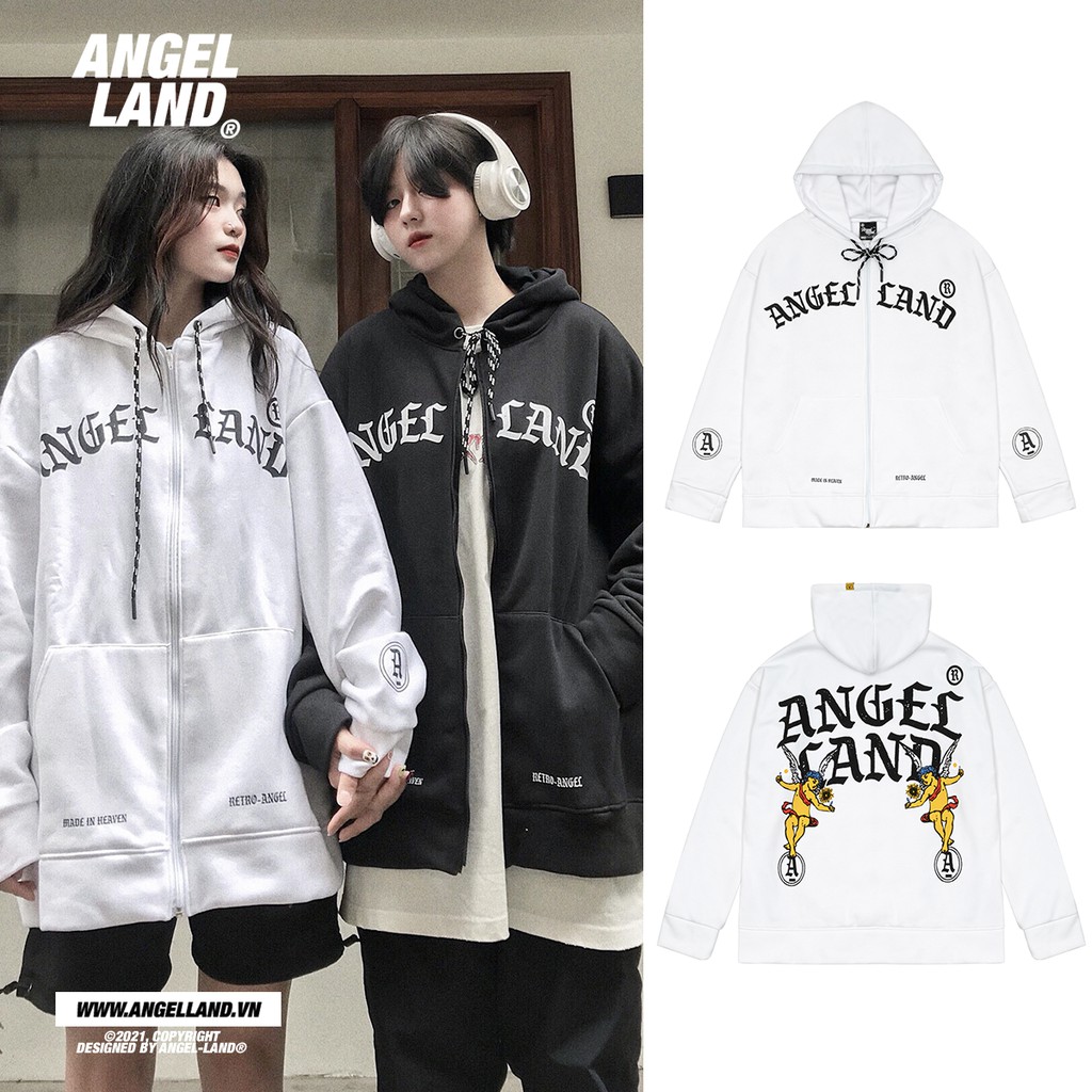 Áo Hoodie Angel-Land khoá kéo Retro-Angel Trắng Chính hãng