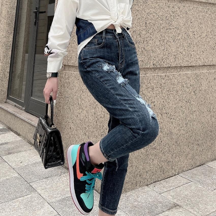 Quần bò baggy nữ JEANNY JEAN rách lưng cao ống ôm chất co giãn màu xám đen 091