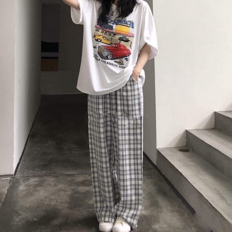 BỘ ÁO PHÔNG Ô TÔ RIVER + QUẦN CULLOTE CARO KẺ TRẮNG XÁM ULZZANG - SET BỘ HÈ BASIC ÁO THUN QUẦN KẺ