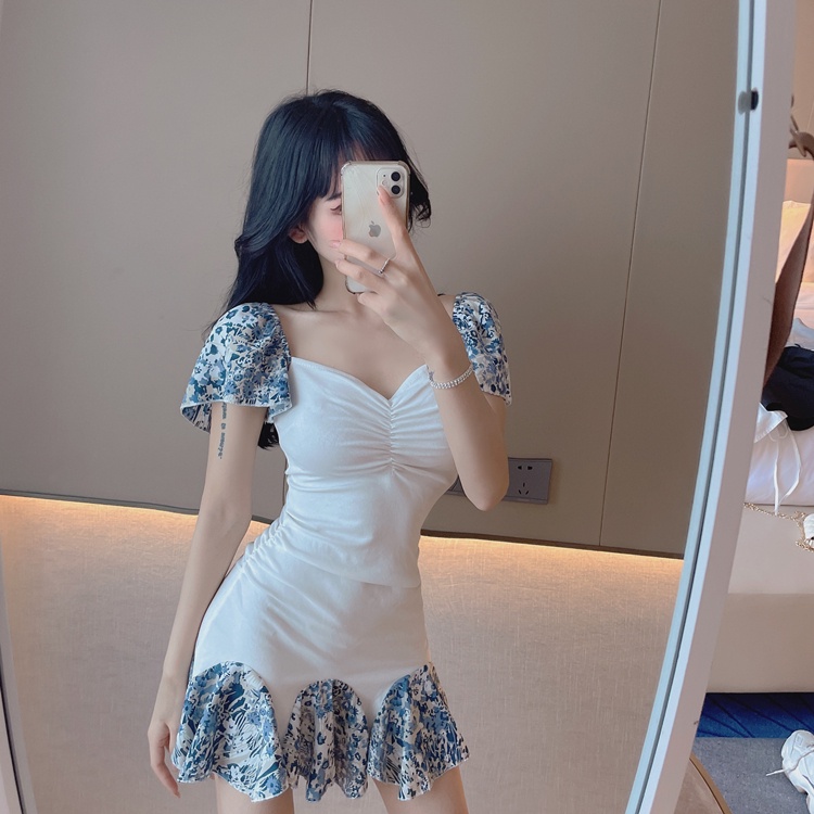 Blue floral holiday travel waist-covering hip fishtail sexy fashion A- line dress