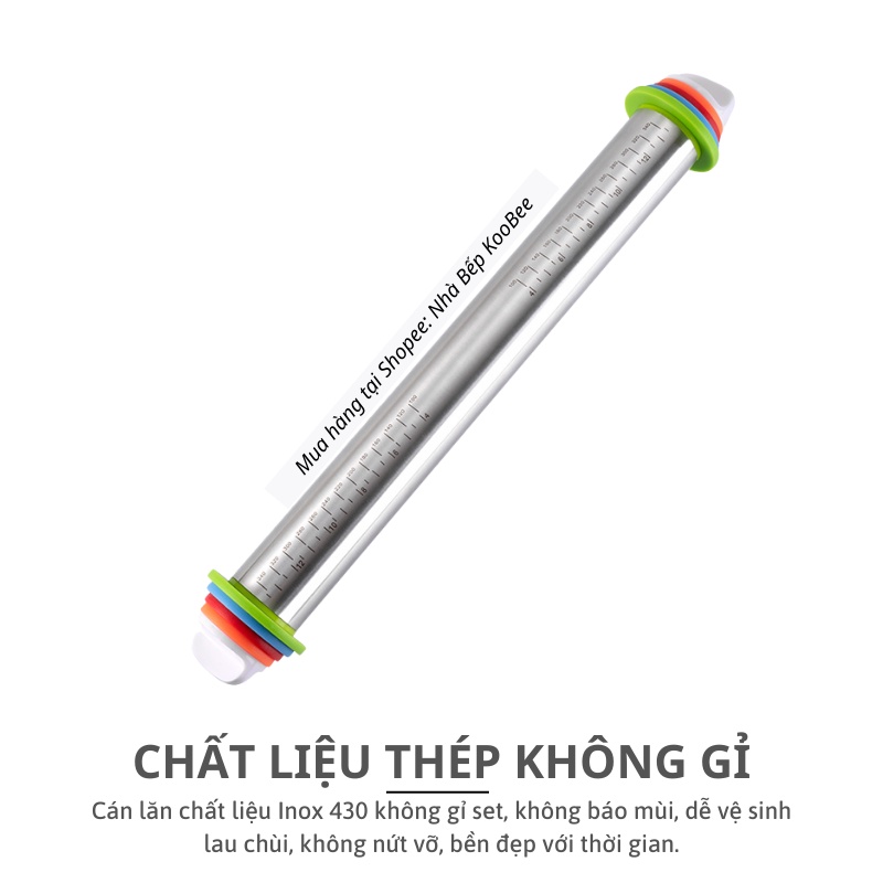 Cây lăn bột Inox 43cm có thể điều chỉnh theo độ dày của bột KOOBEE - Dụng cụ làm bánh cao cấp