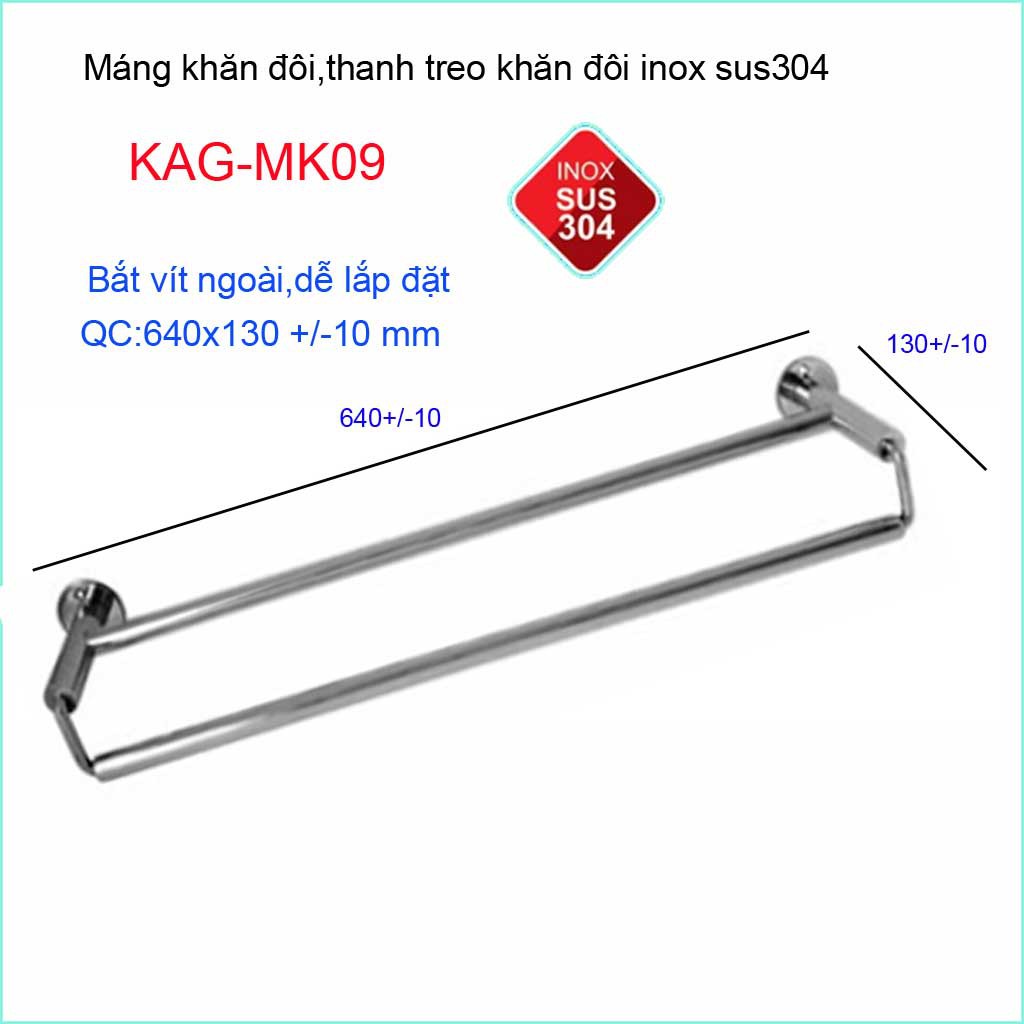 Thanh treo khăn đôi nhà tắm, giá treo khăn Inox, máng khăn KAG-MK09