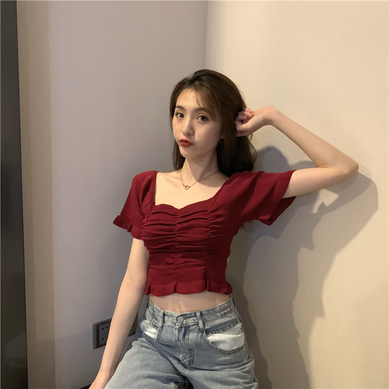 Áo thun COZOK dệt kim tay ngắn cổ vuông hở rốn dáng ôm thời trang cho nữ