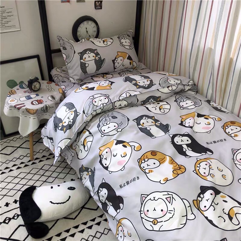 Set Chăn Ga Mèo Ú Xám Cotton Poly Mềm Mát Hàng Xuất Nhật (Shinbedding.shop)