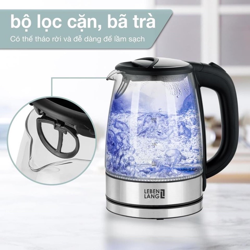 Ấm siêu tốc 1.7 lít bình siêu tốc thủy tinh LEBENLANG từ Đức gồm lõi lọc trà bằng inox, bảo hành 2 năm - LBE2879