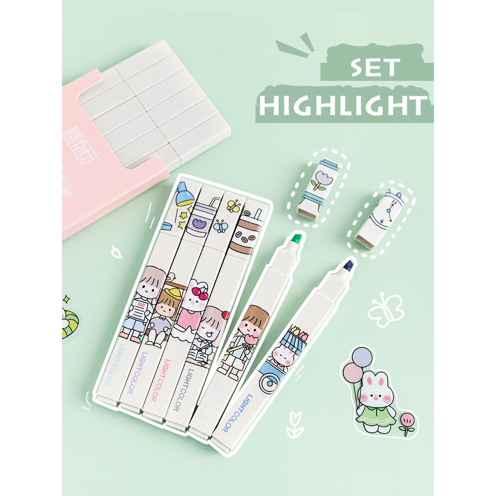 (Tặng kèm STICKER) Bộ 6 bút highlight màu PASTEL