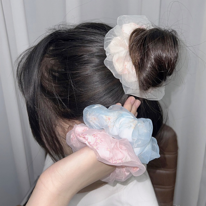 Dây Cột Tóc Lụa Organza Hai Lớp In Hoa Cỡ Lớn / Dây Buộc Tóc Đuôi Ngựa Co Giãn Thời Trang Cho Nữ