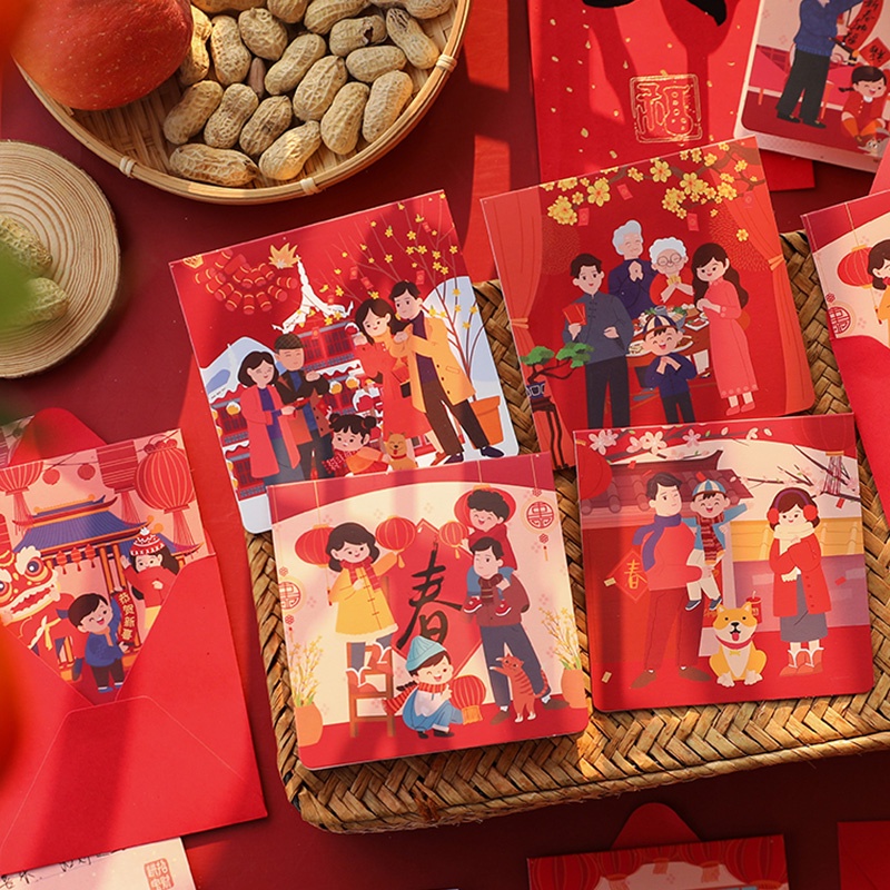 CNY Set 6 Thiệp Chúc Mừng Năm Mới Với Phong Bì Màu Đỏ Phong Cách Retro