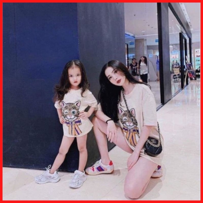 Áo Thun Gia Đình Mẹ Và Bé Màu Trắng In Hình Mèo Nơ Thời Trang DLX