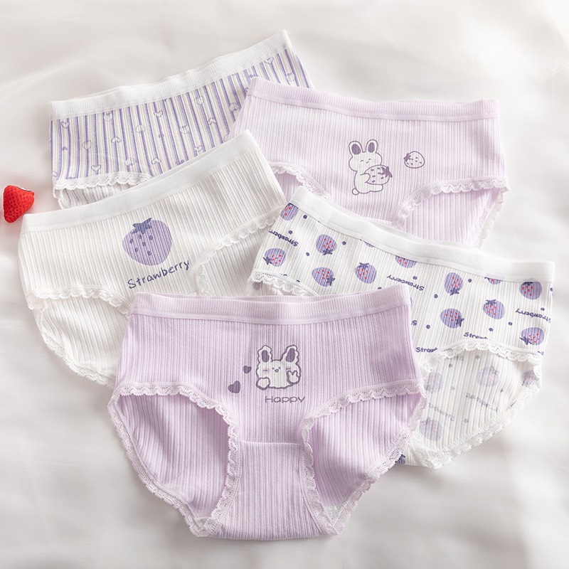Quần Lót Cotton Tăm Hình Thỏ Dâu Tông Tím Pastel Mềm Mại Cute QL53
