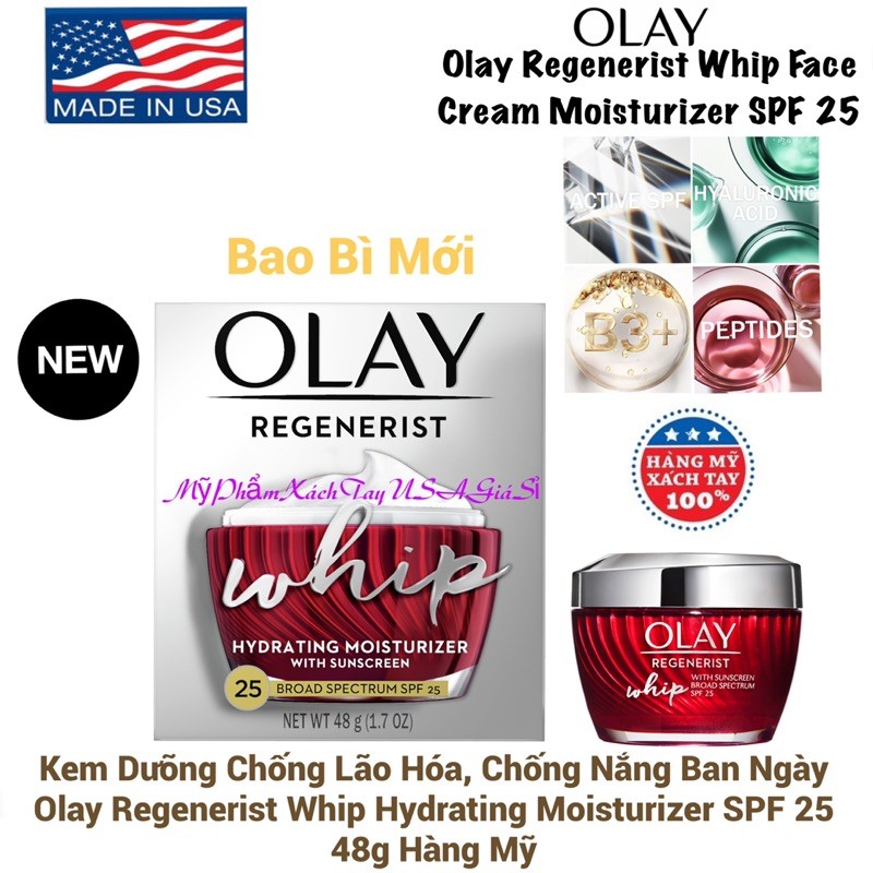 Kem dưỡng chống lão hóa, Chống nắng ban ngày Olay Regenerist Whip Hydrating Moisturizer SPF25 Hộp 48g