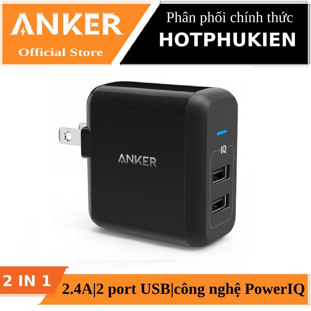 Cóc củ sạc nhanh 24W công nghệ PowerIQ cho điện thoại / máy tính bảng hiệu Anker PowerPort 2 Lite - hàng nhập khẩu