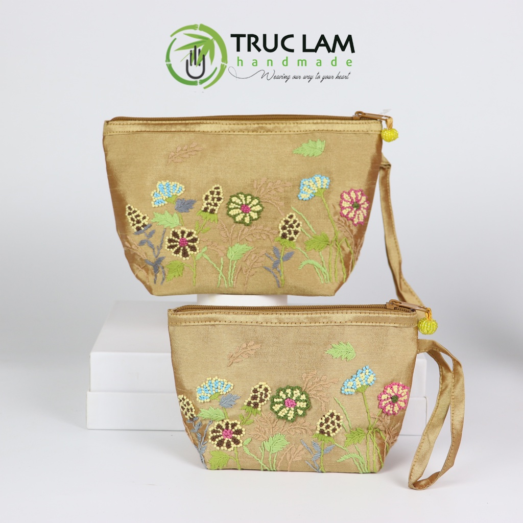 Ví Cầm Tay Nữ Vải Tafta Họa Tiết Hoa Cỏ Thêu Tay Set 2 Chiếc Thêu 2 Mặt - Trúc Lâm Handmade
