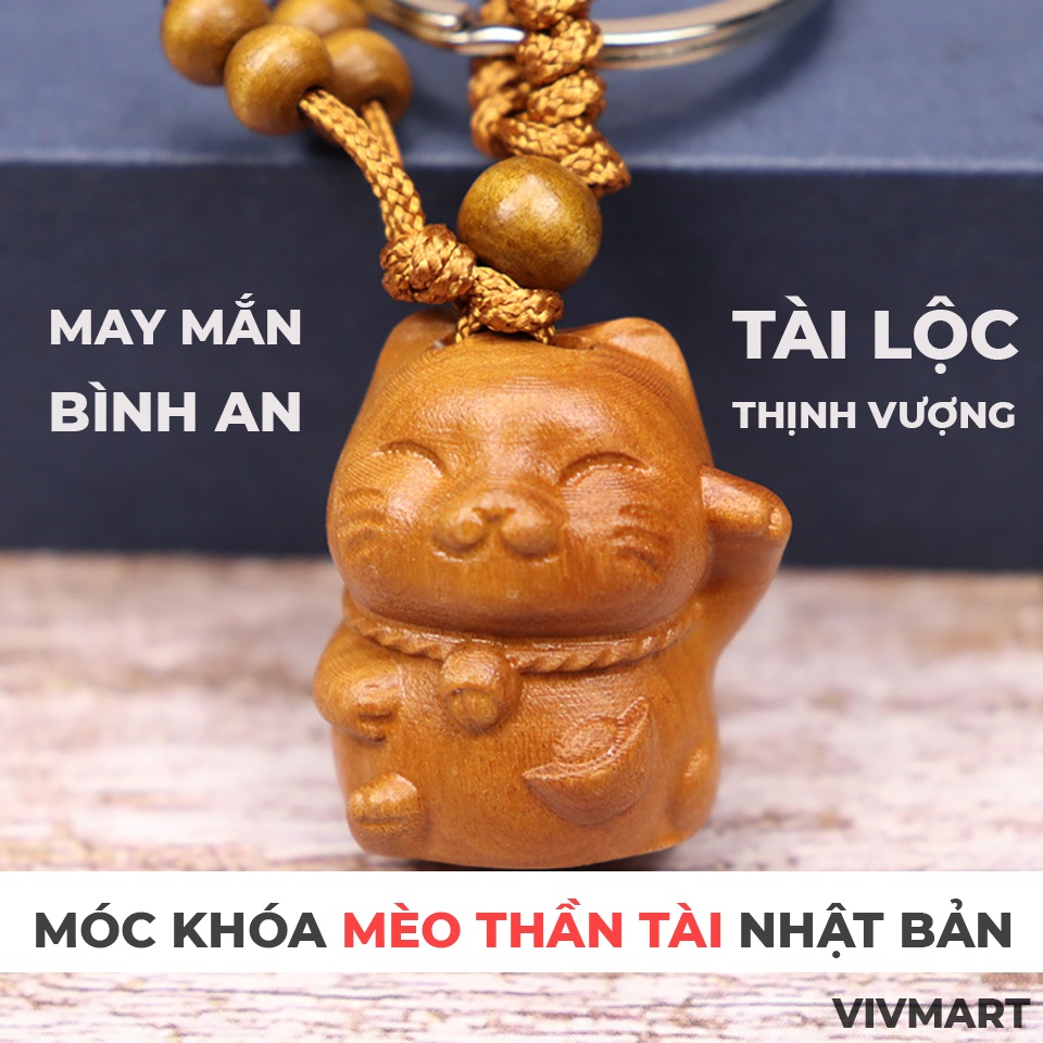 ✅ Móc Khóa Gỗ Đào Mèo Thần Tài Nhật Bản - May Mắn, Thịnh Vượng, Tài Lộc, Bình An