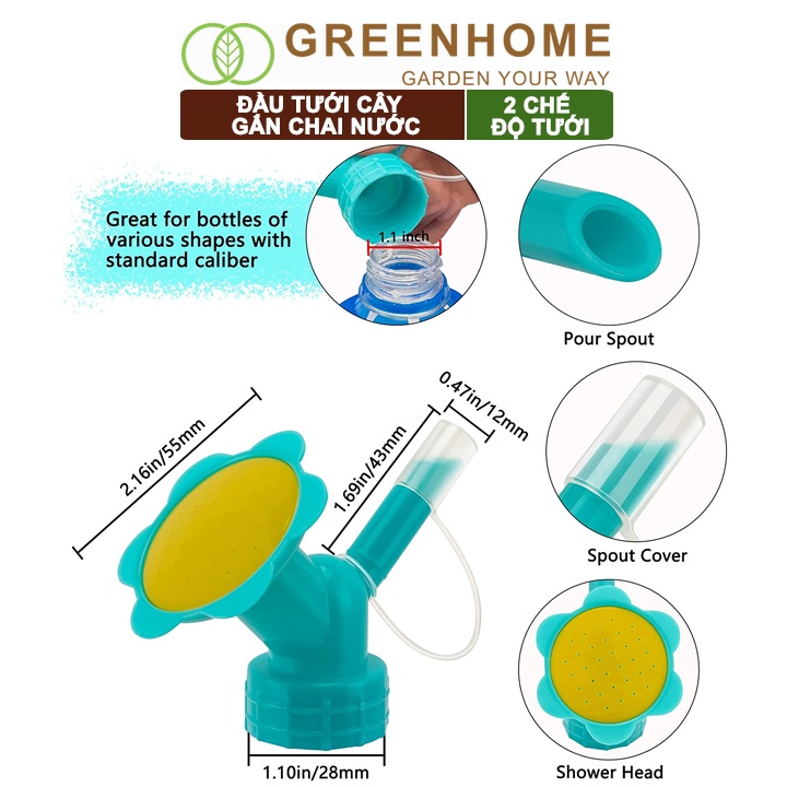 Đầu vòi tưới cây gắn chai nước Greenhome, 2 chế độ tưới tiện lợi, có nắp đậy, màu sắc ngẫu nhiên