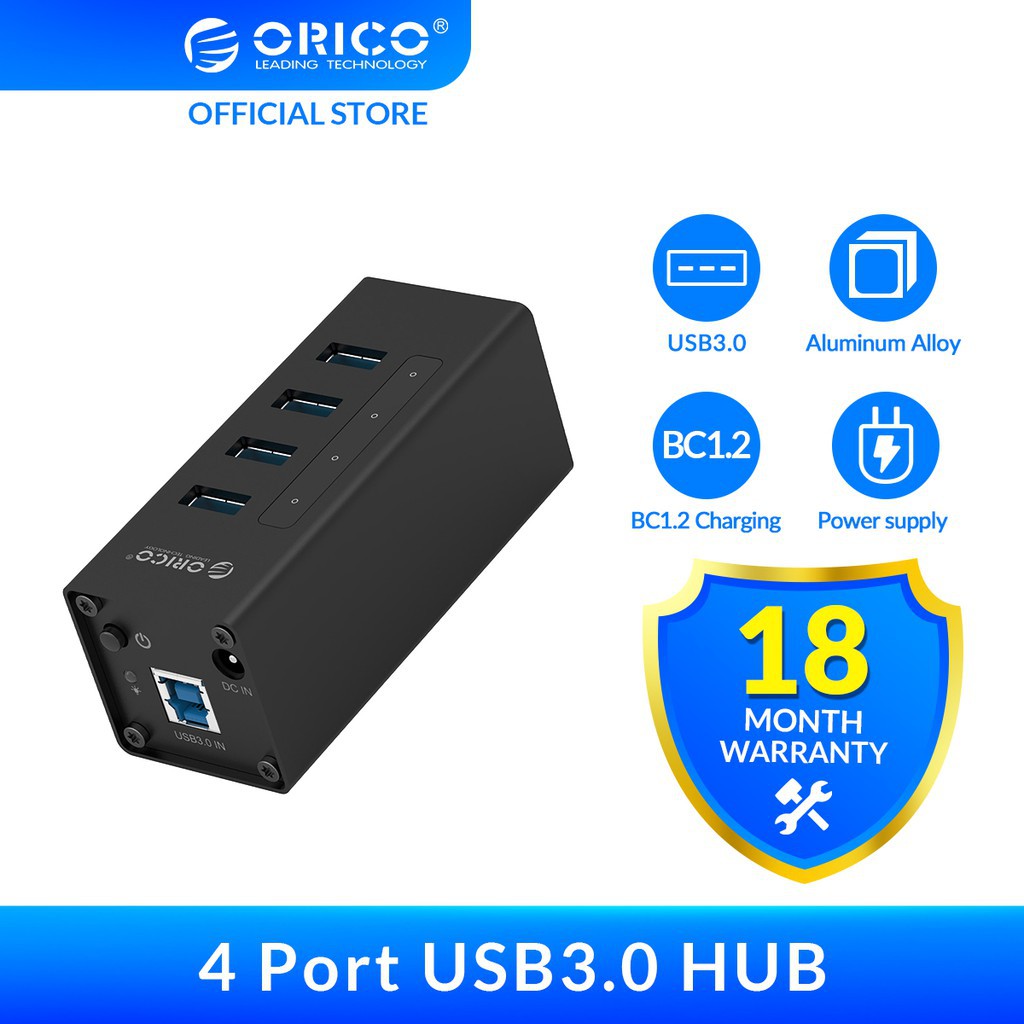 [ORICO] HUB nhôm 4 cổng USB3.0 Siêu tốc với Bộ đổi nguồn Thiết bị kết nối đa cổng cắm（A3H4-V2)