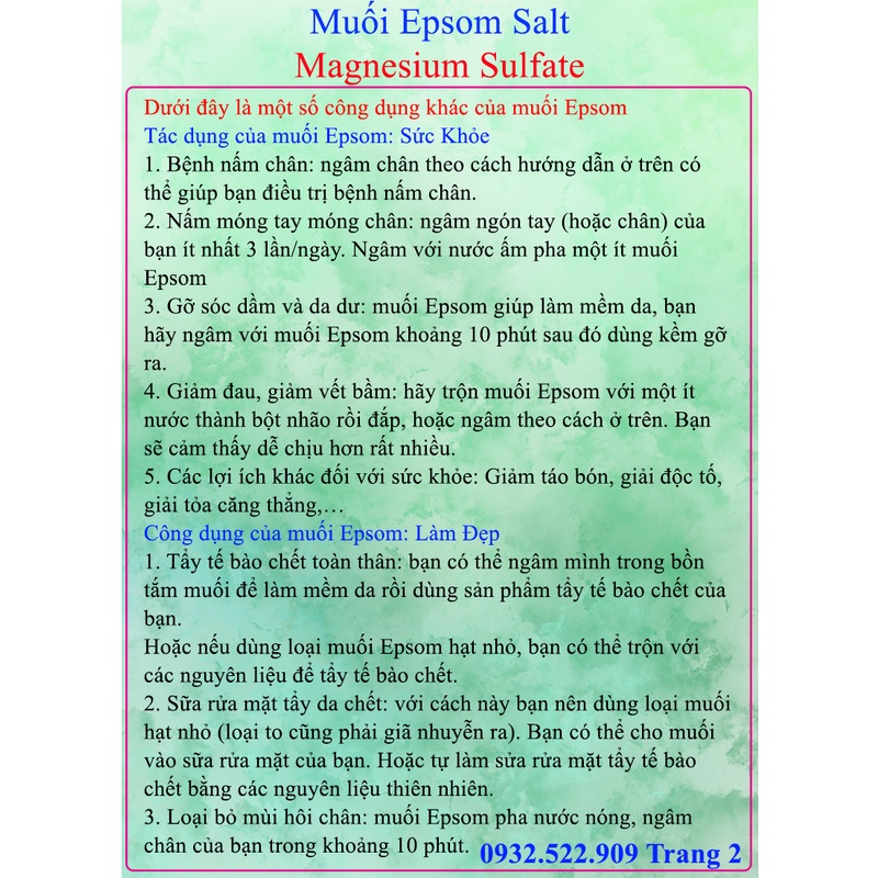 1kg Muối Epsom Salt , MgSO4 dùng trong tắm thư giãn , ngâm chân giảm stess , trong làm đẹp, bón cây trồng